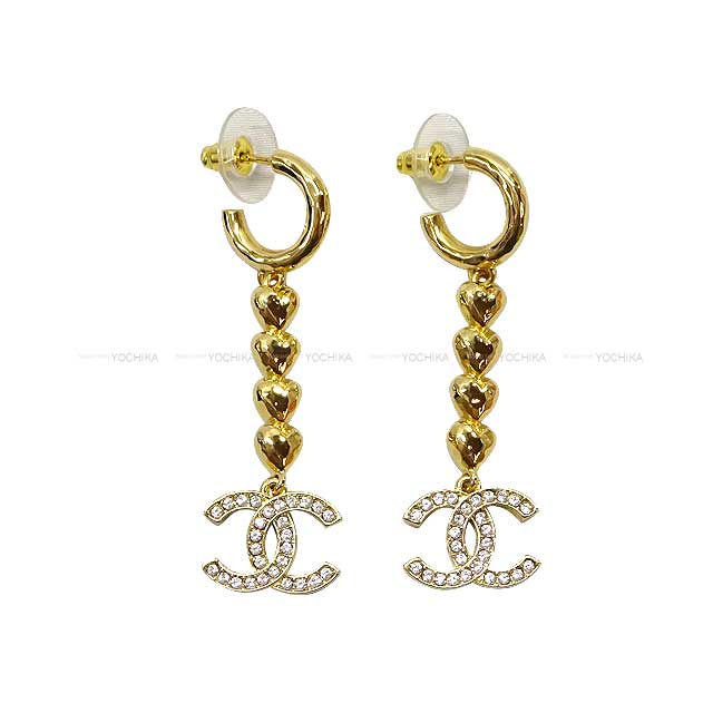 CHANEL pierced earring Rhinestone Coco Mark Heart Dangling ABA267 Gold HW[EXCELLENT][Authentic]