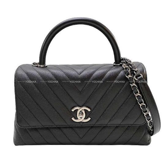 [Pre-loved] CHANEL Shoulder bag COCO handle 29 Chevron stitch Noir (Black) Graind Calf(Caviarskin) Silver HW A92991[LIKE NEW][Authentic]