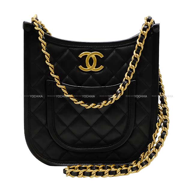 [Pre-loved] 2024 SS CHANEL Shoulder bag MATTRASSETTE COCO mark with pocket hobo chain Noir (Black) Lambskin Mat Gold HW AS4532[LIKE NEW][Authentic]