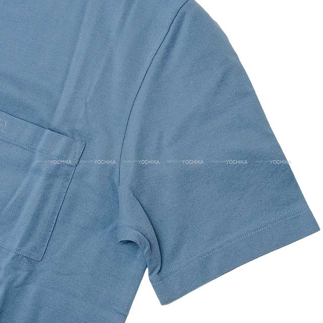 HERMES Short sleeve t shirt Men's H Logo Saddle stich Pocket #M Blue gris Cotton100% L[EXCELLENT][Authentic]