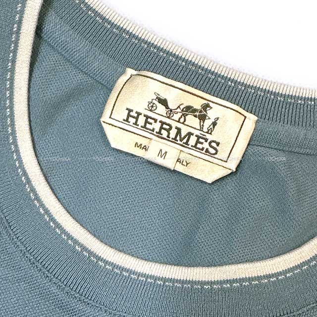 HERMES Short sleeve t shirt Men's H Logo Saddle stich Pocket #M Blue gris Cotton100% L[EXCELLENT][Authentic]