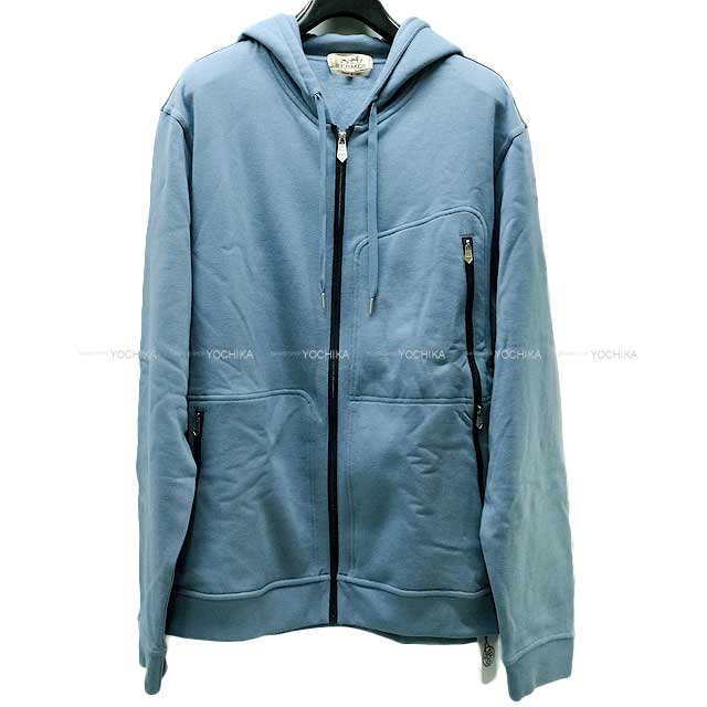 HERMES Hooded sweatshirt Mens Hoodie Zip Up Capsule Sports Yoke Pattern Blue Gris/Navy Cotton/Polyurethane/Nylon M Silver HW[EXCELLENT][Authentic]