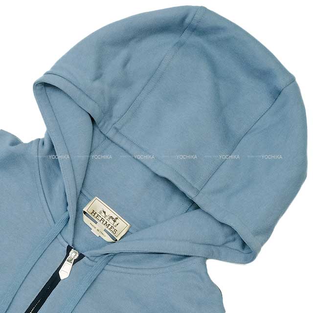 HERMES Hooded sweatshirt Mens Hoodie Zip Up Capsule Sports Yoke Pattern Blue Gris/Navy Cotton/Polyurethane/Nylon M Silver HW[EXCELLENT][Authentic]