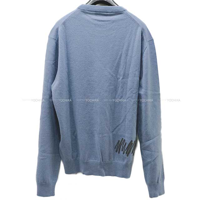 2024 SS NEW HERMES Knit Mens Lingsleeve Embroidery Oscillations Cuir Blue/Grey Cashmere100% M[EXCELLENT][Authentic]