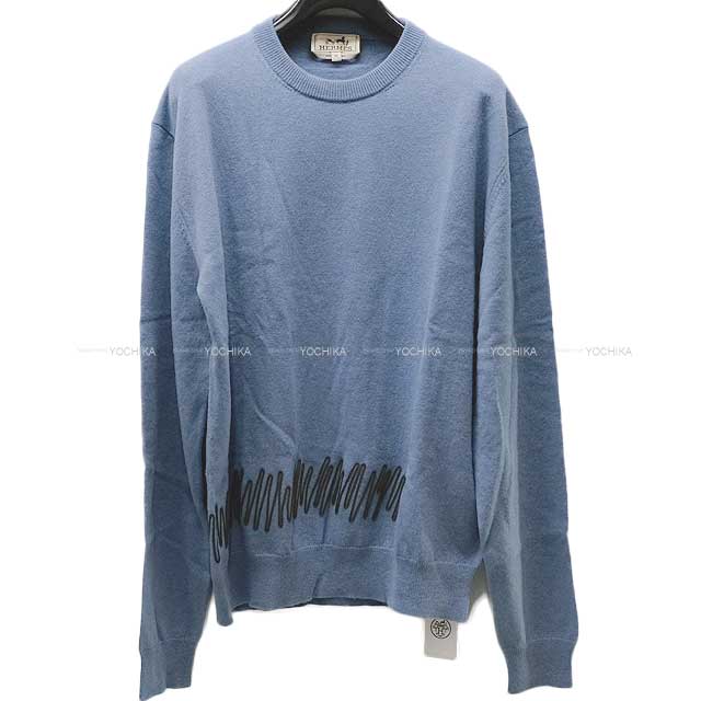 2024 SS NEW HERMES Knit Mens Lingsleeve Embroidery Oscillations Cuir Blue/Grey Cashmere100%[EXCELLENT][Authentic]