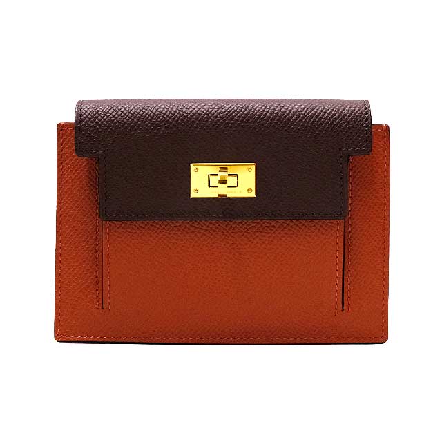 HERMES change purse Kelly Pocket Compact Tricolor Rouge Venitien/Rouge Sellier/Rose Texese Veau Epsom Gold HW Stamp U[EXCELLENT][Authentic]