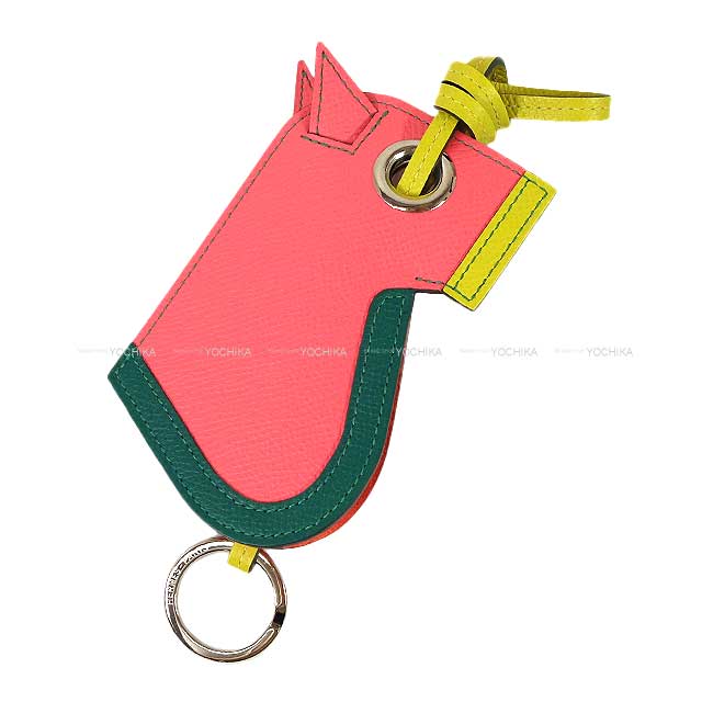 HERMES bagcharm Camail  Rose Azalee/Malachite/Lime Veau Epsom Silver HW Stamp A[EXCELLENT][Authentic]