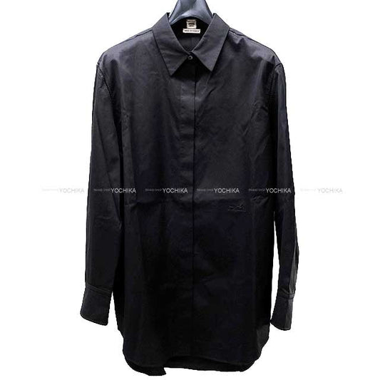 HERMES Long sleeve shirt Caleche embroidered Noir (Black) Cotton/Polyester 34[EXCELLENT][Authentic]