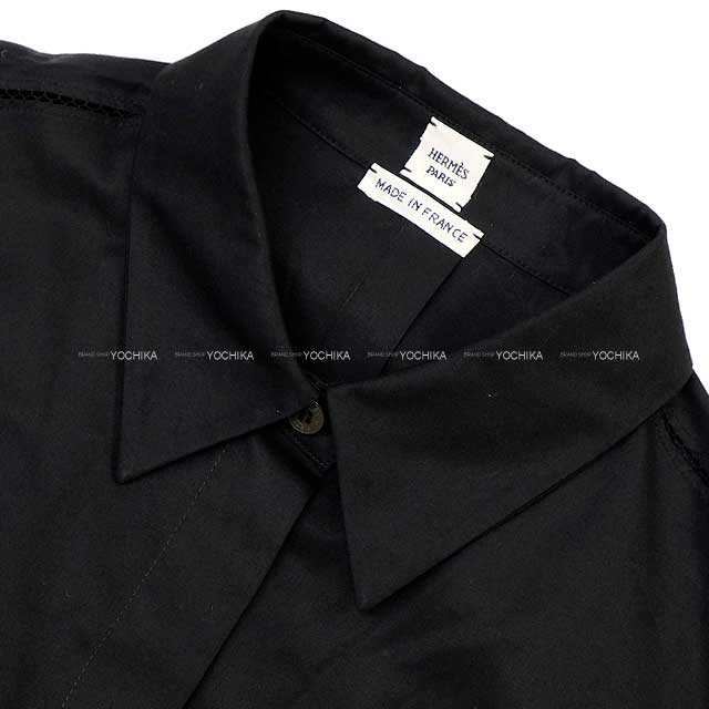 HERMES Long sleeve shirt Caleche embroidered Noir (Black) Cotton/Polyester 34[EXCELLENT][Authentic]