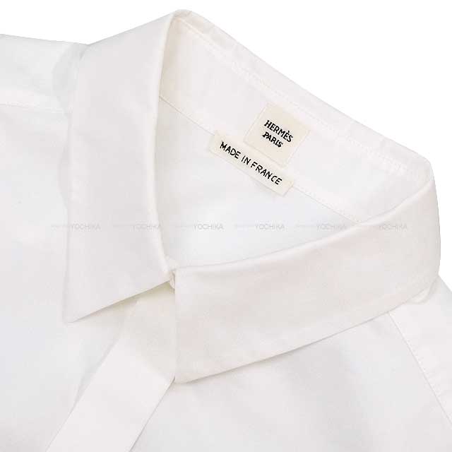 HERMES Long sleeve shirt Caleche embroidered Blanc (White) Cotton 36[EXCELLENT][Authentic]