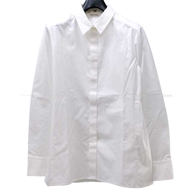 HERMES Long sleeve shirt Caleche embroidered Blanc (White) Cotton 36[EXCELLENT][Authentic]