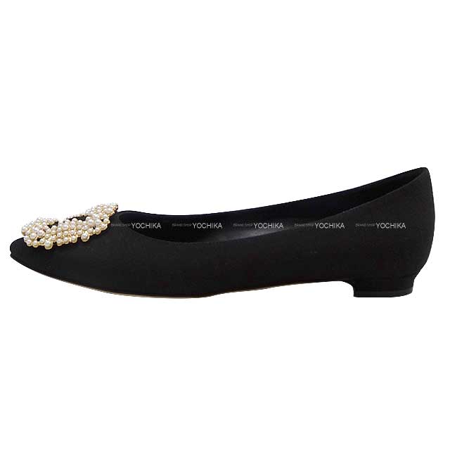 MANOLO BLAHNIK pumps Flat shoes HANGISHI FLAT PEG #36.5 Noir (Black) Linen[EXCELLENT][Authentic]