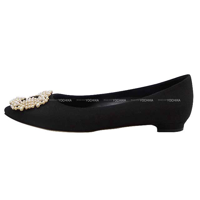 MANOLO BLAHNIK pumps Flat shoes HANGISHI FLAT PEG  Noir (Black) Linen #36.5[EXCELLENT][Authentic]