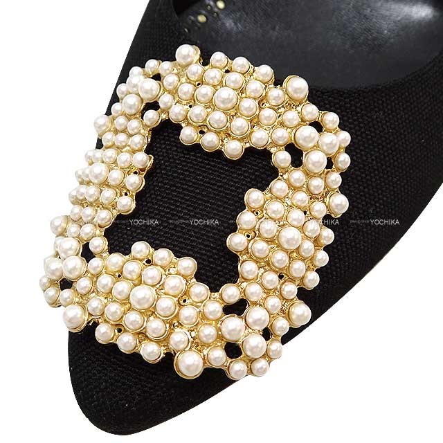 MANOLO BLAHNIK pumps Flat shoes HANGISHI FLAT PEG  Noir (Black) Linen #36.5[EXCELLENT][Authentic]