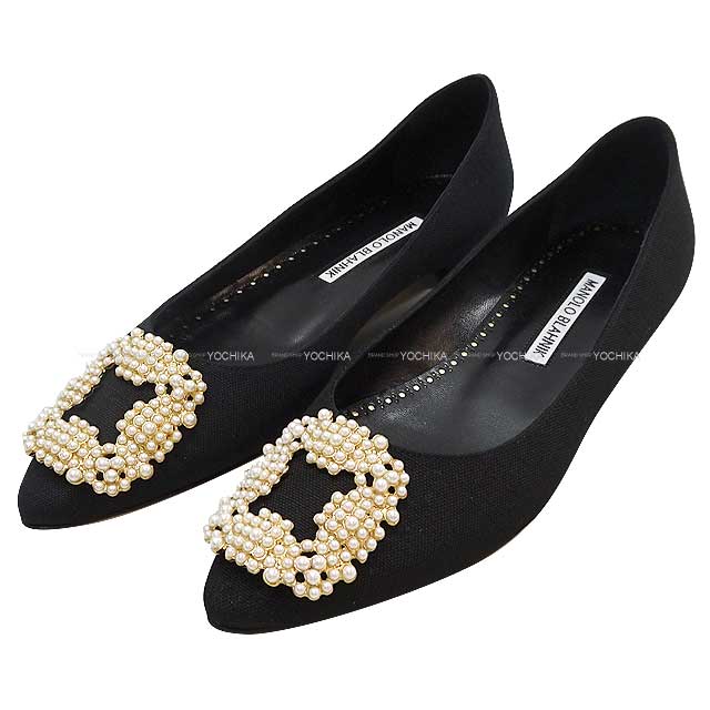 MANOLO BLAHNIK pumps Flat shoes HANGISHI FLAT PEG  Noir (Black) Linen #36.5[EXCELLENT][Authentic]