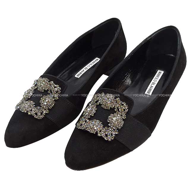 MANOLO BLAHNIK Flat shoes Jewel Buckle MARRIA #36 Black Suede 36[EXCELLENT][Authentic]