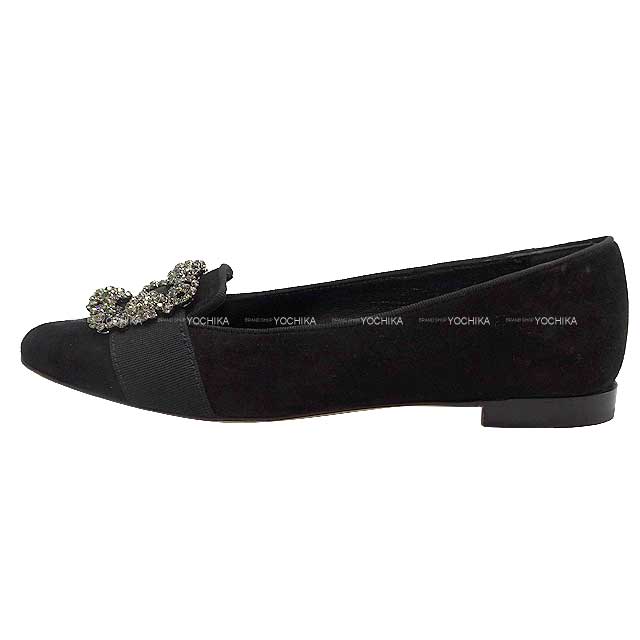 MANOLO BLAHNIK Flat shoes Jewel Buckle MARRIA #36 Black Suede 36[EXCELLENT][Authentic]