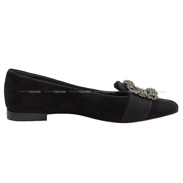 MANOLO BLAHNIK Flat shoes Jewel Buckle MARRIA #36 Black Suede 36[EXCELLENT][Authentic]