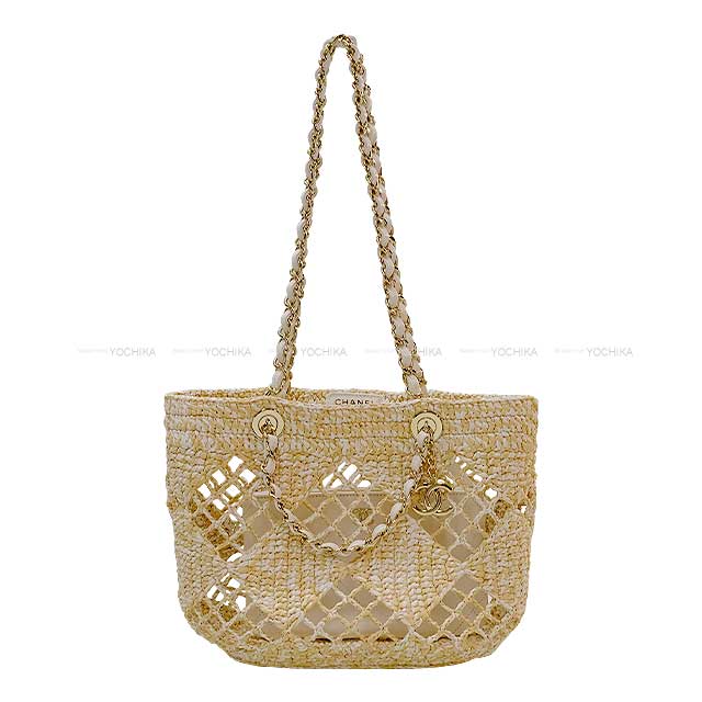 CHANEL Small Shopping Bag COCO Mark 2way Chain Pouch Beige Raphia effect/Weaving Champagne Gold HW AS4714[EXCELLENT][Authentic]