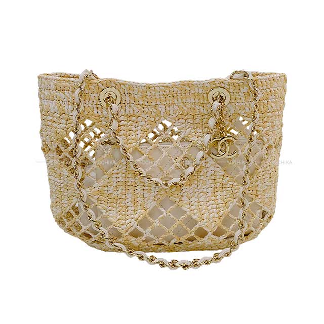 CHANEL Small Shopping Bag COCO Mark 2way Chain Pouch Beige Raphia effect/Weaving Champagne Gold HW AS4714[EXCELLENT][Authentic]