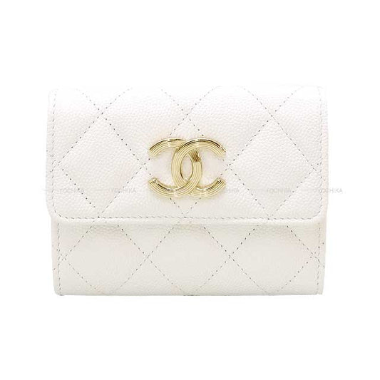 CHANEL card holder Matelasse COCO Flag Print Blanc (White)/Beige/Noir (Black) Graind Calf(Caviarskin) Champagne Gold HW AP3141[BRAND NEW][Authentic]