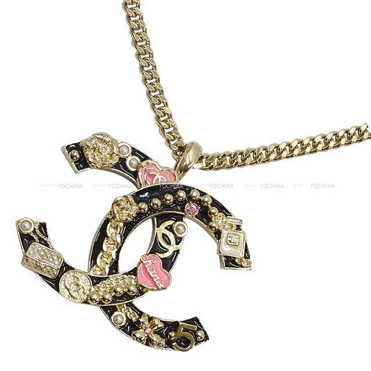 CHANEL necklace Big Coco mark Camellia Matelasse Iconic with Charm Noir (Black) Champagne Gold HW ABD325[BRAND NEW][Authentic]