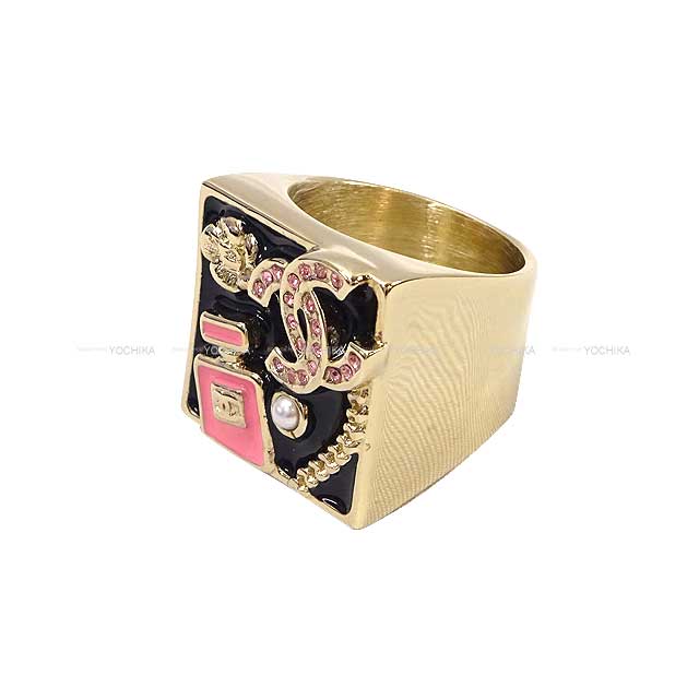 CHANEL ring Rhinestone Coco mark Camellia Perfume Square #53 Noir (Black)/Pink #53 Champagne Gold HW ABD351[BRAND NEW][Authentic]