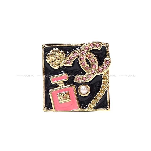 CHANEL ring Rhinestone Coco mark Camellia Perfume Square #53 Noir (Black)/Pink Champagne Gold HW ABD351[BRAND NEW][Authentic]