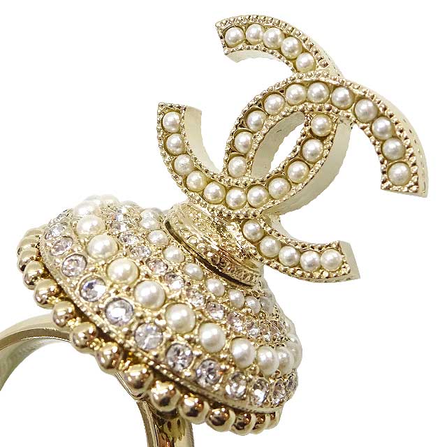 CHANEL ring Rhinestone Coco mark Pearl dome Gold #52 Champagne Gold HW[EXCELLENT][Authentic]