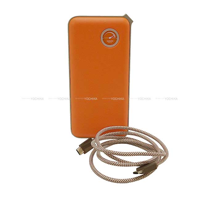 HERMES Portable battery charger Wort H maxi Orange Veau Swift Aluminum[EXCELLENT][Authentic]