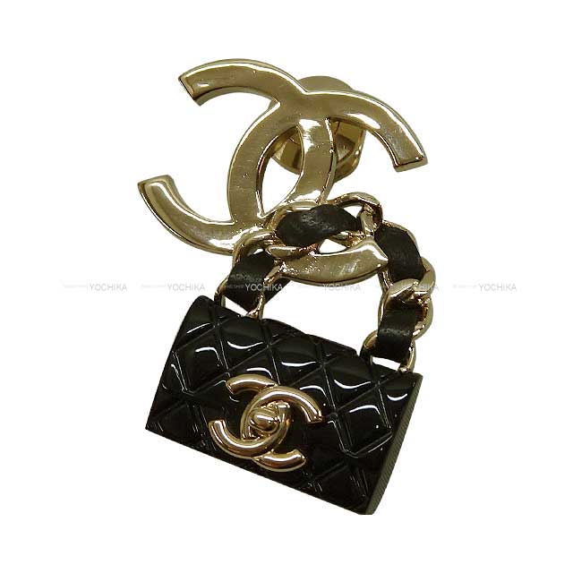 2023 Cruise CHANEL broach COCO mark matelassé chain pin with bag motif Noir (Black) Champagne Gold HW ABA012[EXCELLENT][Authentic]