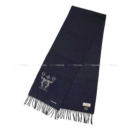 [Pre-loved] HERMES muffler Hello Mister Faurière Robot Applique Navy Cashmere100%[LIKE NEW][Authentic]