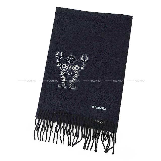 [Pre-loved] HERMES muffler Hello Mister Faurière Robot Applique Navy Cashmere100%[LIKE NEW][Authentic]