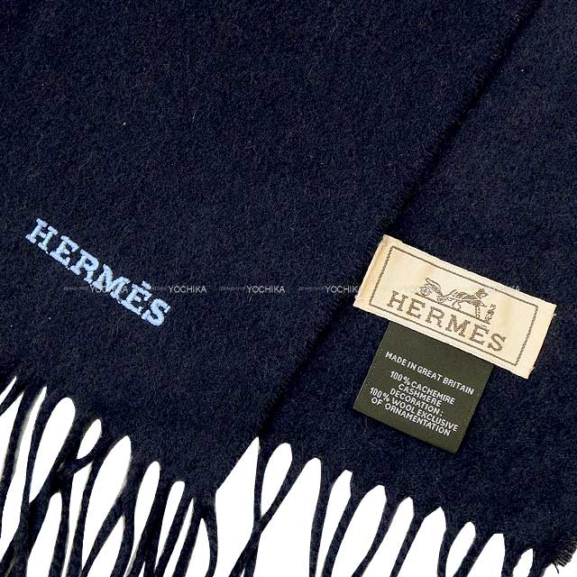 [Pre-loved] HERMES muffler Hello Mister Faurière Robot Applique Navy Cashmere100%[LIKE NEW][Authentic]