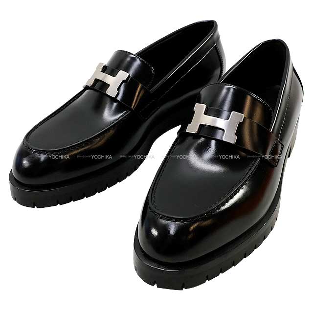 [Pre-loved] HERMES loafers Moccasin Faubourg #36 1/2 Noir (Black) Calf Silver HW[LIKE NEW][Authentic]