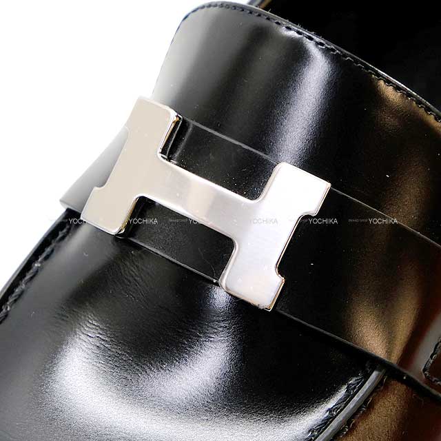 [Pre-loved] HERMES loafers Moccasin Faubourg #36 1/2 Noir (Black) Calf Silver HW[LIKE NEW][Authentic]