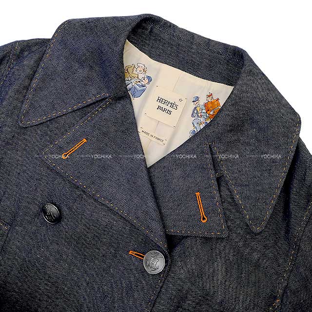 HERMES Ladies Coat Button CIRQUE MOLIER Sold Denim Bleu Linen/Silk 42 Silver HW[EXCELLENT][Authentic]