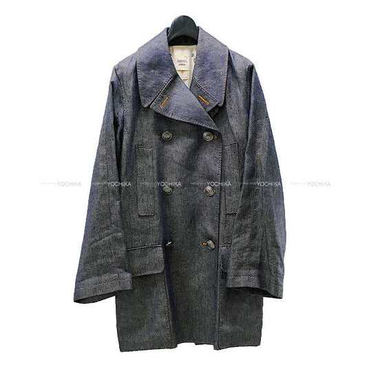 HERMES Ladies Coat Button CIRQUE MOLIER Sold Denim Bleu Linen/Silk 42 Silver HW[EXCELLENT][Authentic]