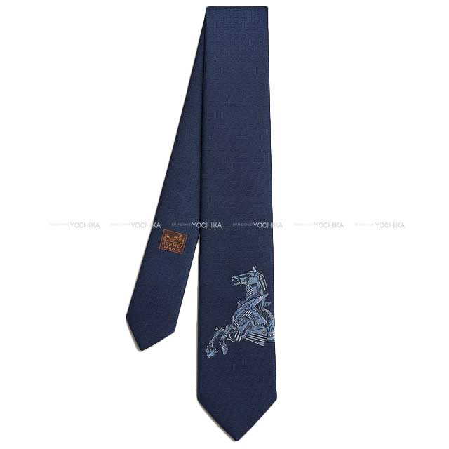 2023 SS HERMES tie Heavy Silk Tie Robocabar Marine/Ciel Silk100%[EXCELLENT][Authentic]