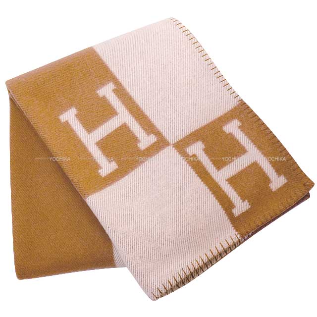 HERMES Blanket Plade Avalon Ecru/Caramel Merino Wool 90%/Cashmere 10%[BRAND NEW][Authentic]