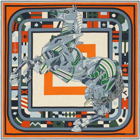 2023 SS HERMES scarf Carre H 100 Robocabar Blue/Naturel/Orange Cashmere70% / Silk30%[EXCELLENT][Authentic]