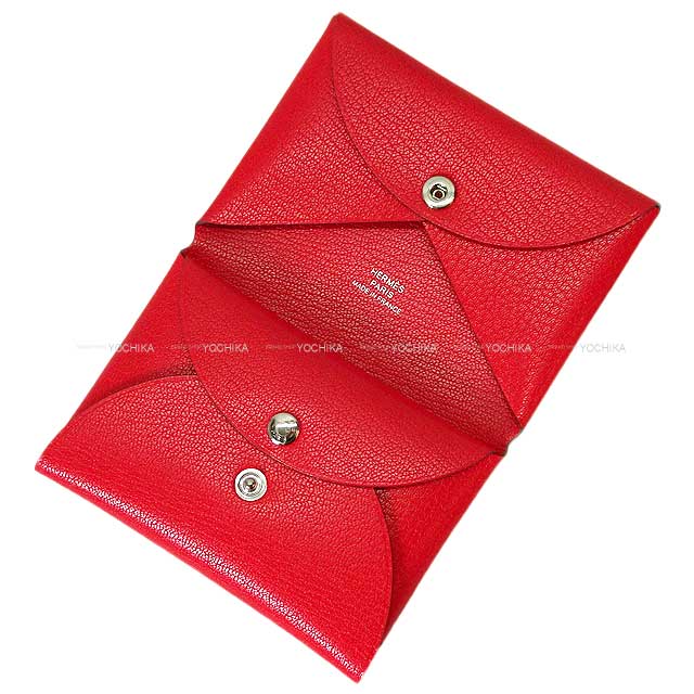 HERMES card holder Calvi Duo Rouge de Coeur Chevre Chamkila Silver HW Stamp W[BRAND NEW][Authentic]