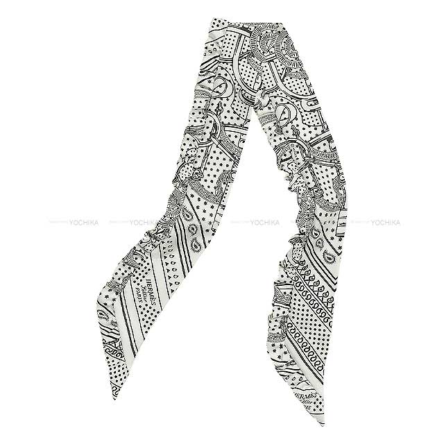 HERMES scarf Twilly Frilled Eperon d'Or Bandana Blanc (White)/Noir (Black) Silk100%[BRAND NEW][Authentic]