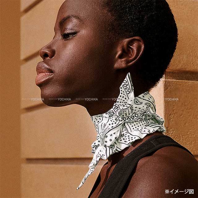HERMES scarf Twilly Frilled Eperon d'Or Bandana Blanc (White)/Noir (Black) Silk100%[BRAND NEW][Authentic]
