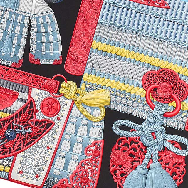 HERMES scarf Carre 90 Parures de Samourais Noir (Black) Rouge/Bleu Jean Silk100%[BRAND NEW][Authentic]