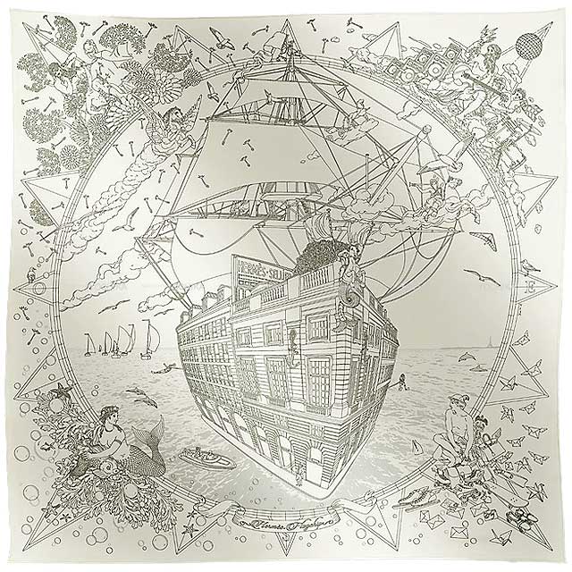 2024 SS HERMES scarf Carre 90 HERMES Flag Ship Blanc (White)/Noir (Black) Silk100%[EXCELLENT][Authentic]