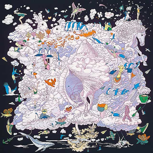 HERMES scarf Carre 90 Sur Mon Nuage Blue Coeur/Mauve/Multicolor Silk100%[EXCELLENT][Authentic]