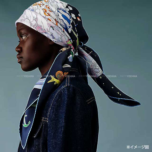 HERMES scarf Carre 90 Sur Mon Nuage Blue Coeur/Mauve/Multicolor Silk100%[EXCELLENT][Authentic]