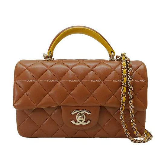 CHANEL Shoulder bag Matelasse Coco mark Top handle Mini Flap Chain Bicolor Caramel/Mustard Yellow Lambskin Champagne Gold HW AS2431[EXCELLENT][Authentic]