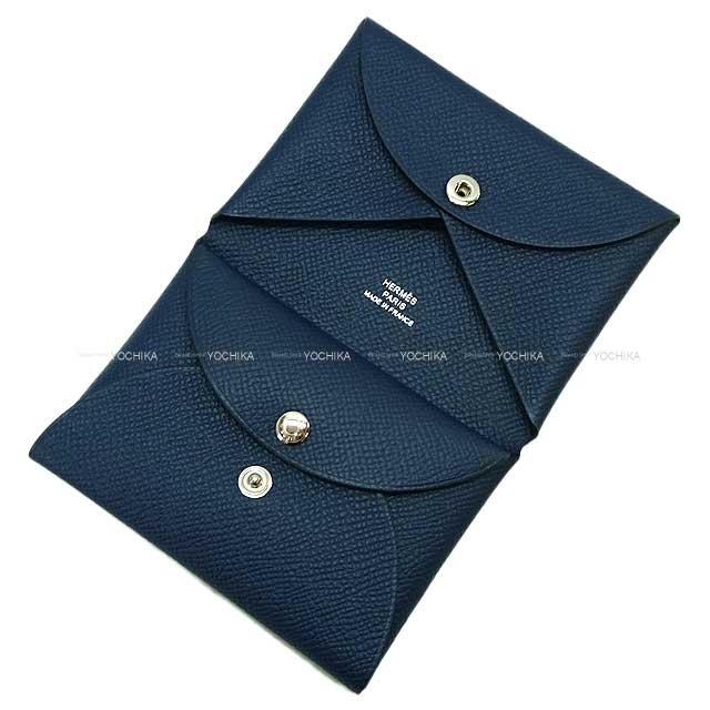 HERMES card holder Calvi Duo Bleu navy Veau Epsom Silver HW Stamp B[BRAND NEW][Authentic]